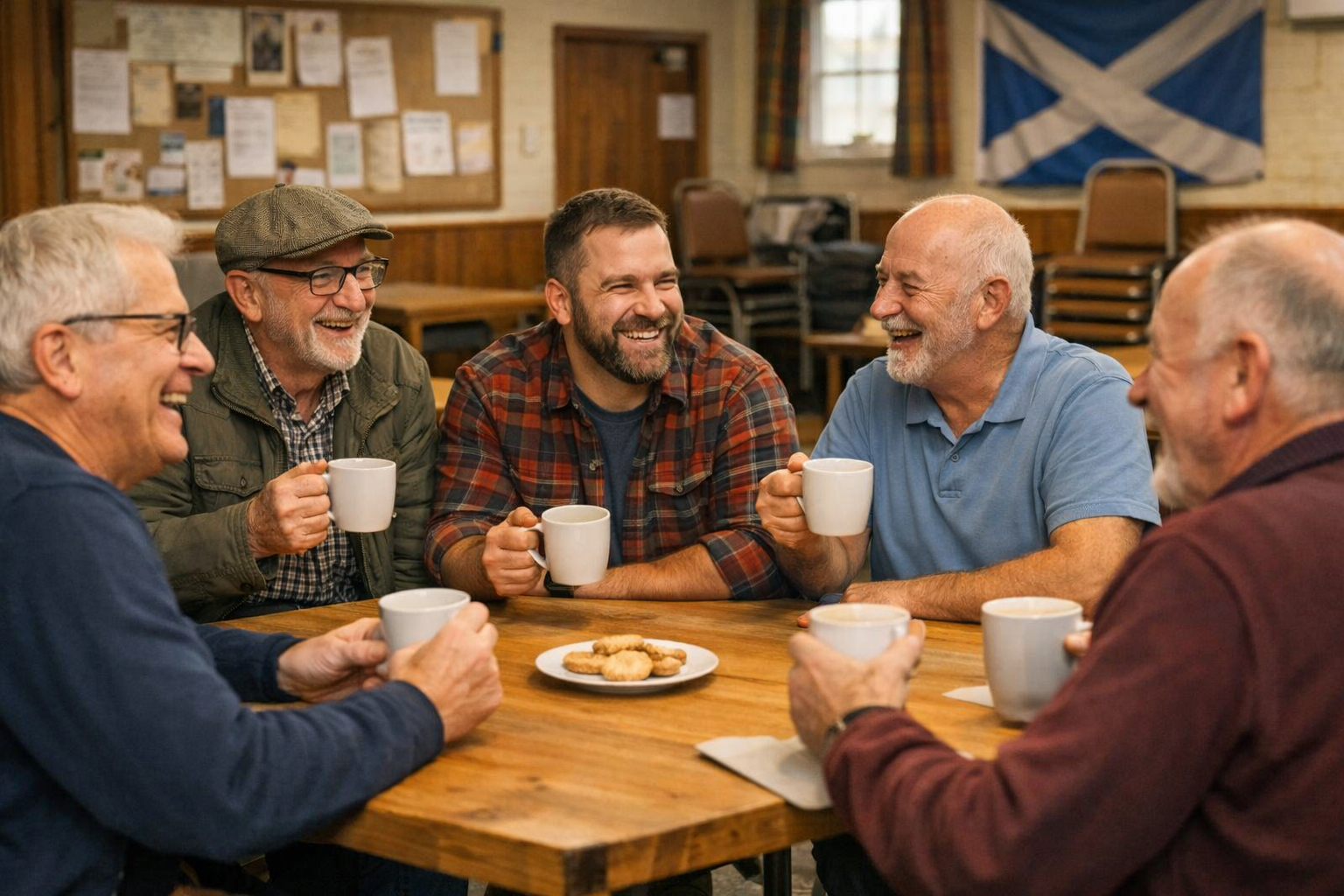 Members of Kemnay Men's Shed laughing and chatting over cups of tea in the village hall